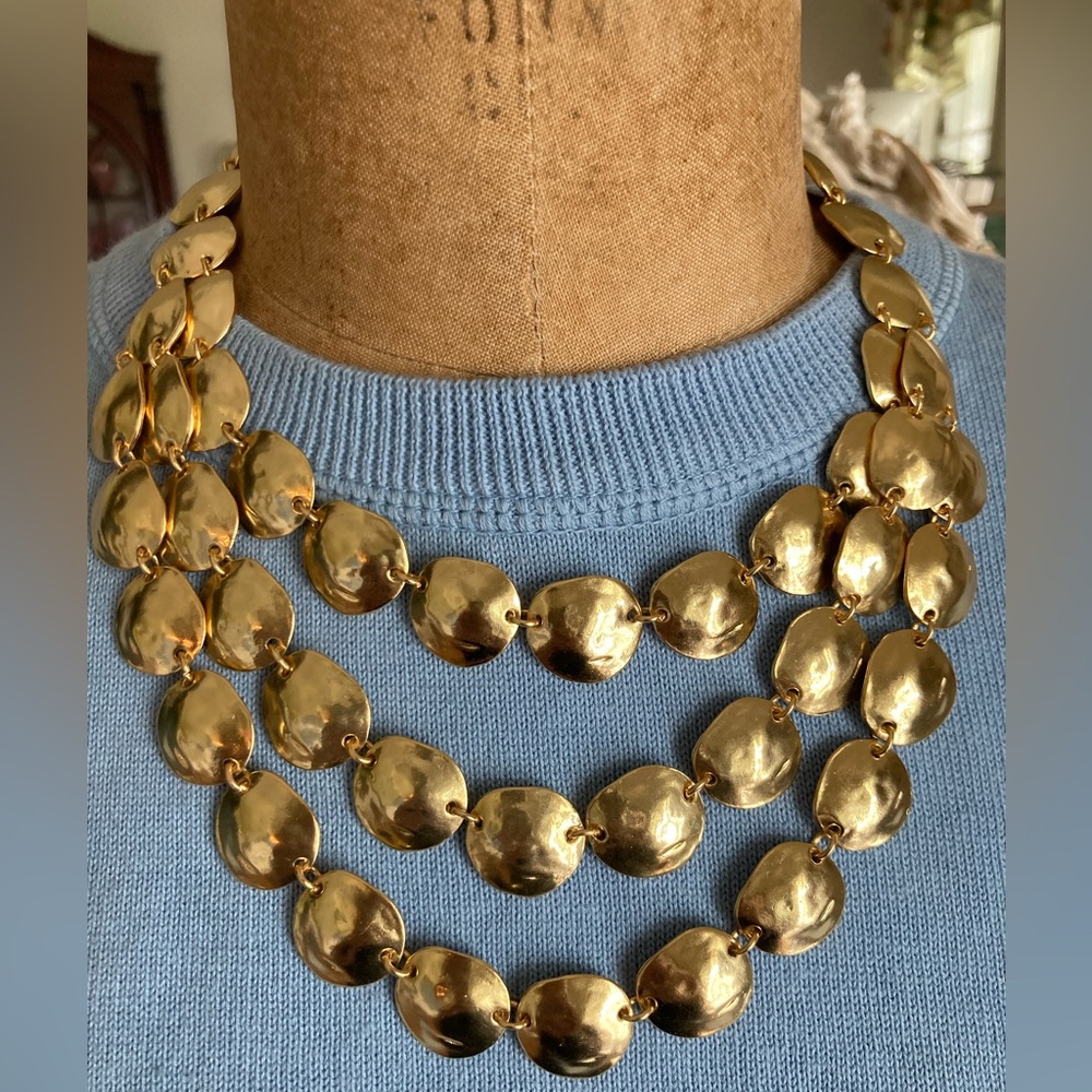 Karine Sultan Goldtone 3 row Hammered disc Statement necklace 17” classi…